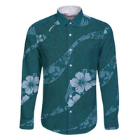 Aloha Hawaii Floral Tapa Family Matching Long Sleeve Bodycon Dress and Hawaiian Shirt Patchwork Teal LT7 Dad's Shirt - Long Sleeve Teal - Polynesian Pride