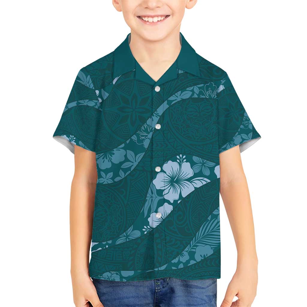 Aloha Hawaii Floral Tapa Family Matching Long Sleeve Bodycon Dress and Hawaiian Shirt Patchwork Teal LT7 Son's Shirt Teal - Polynesian Pride