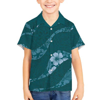 Aloha Hawaii Floral Tapa Family Matching Long Sleeve Bodycon Dress and Hawaiian Shirt Patchwork Teal LT7 Son's Shirt Teal - Polynesian Pride