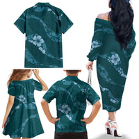 Aloha Hawaii Floral Tapa Family Matching Off The Shoulder Long Sleeve Dress and Hawaiian Shirt Patchwork Teal - Polynesian Pride