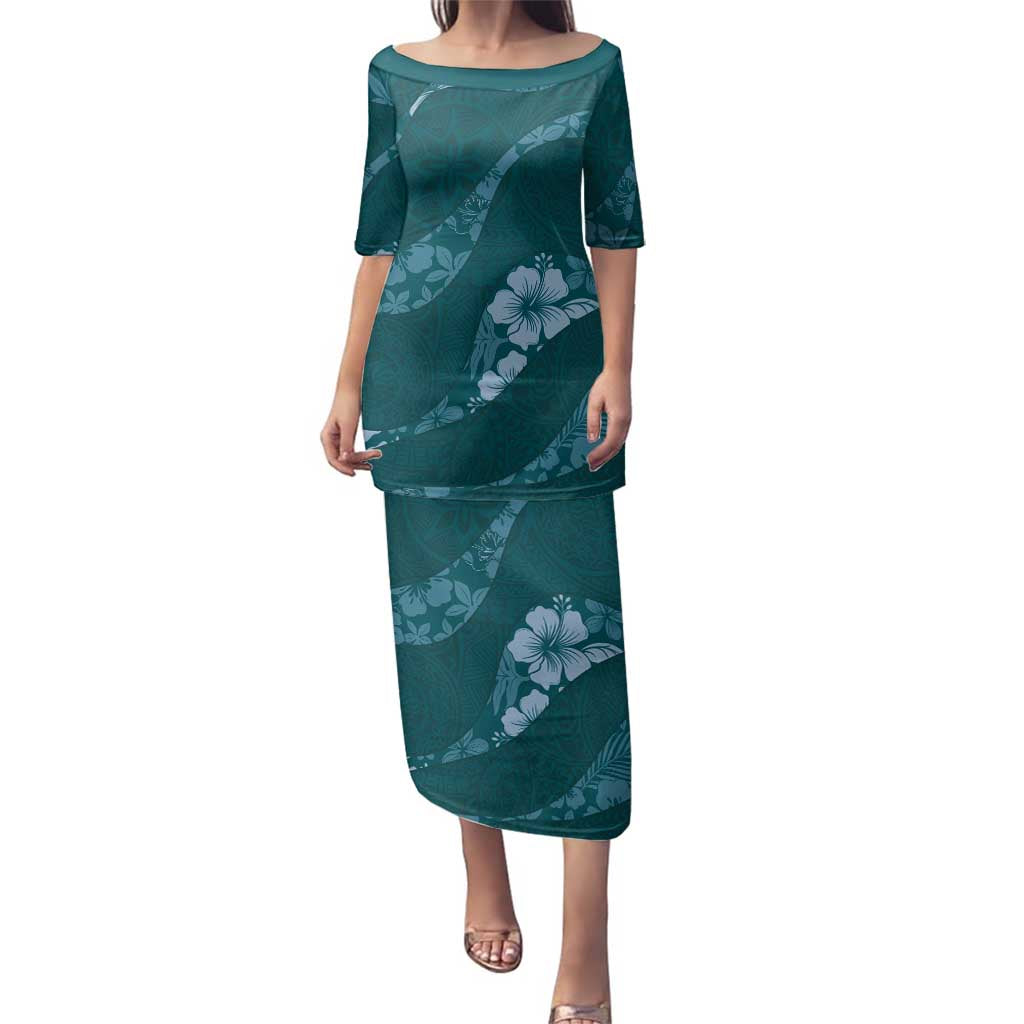 Aloha Hawaii Floral Tapa Family Matching Puletasi and Hawaiian Shirt Patchwork Teal - Polynesian Pride