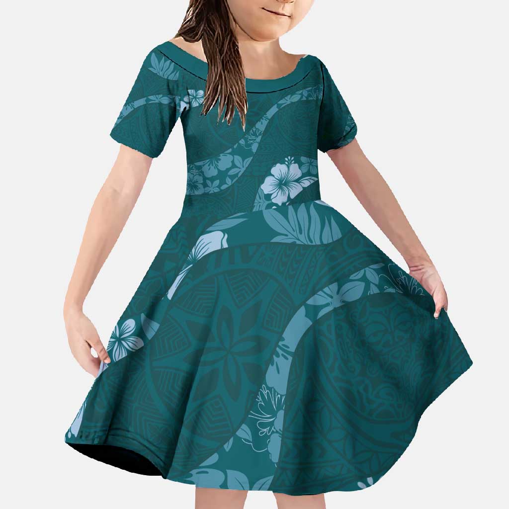 Aloha Hawaii Floral Tapa Family Matching Short Sleeve Bodycon Dress and Hawaiian Shirt Patchwork Teal LT7 Daughter's Dress Teal - Polynesian Pride