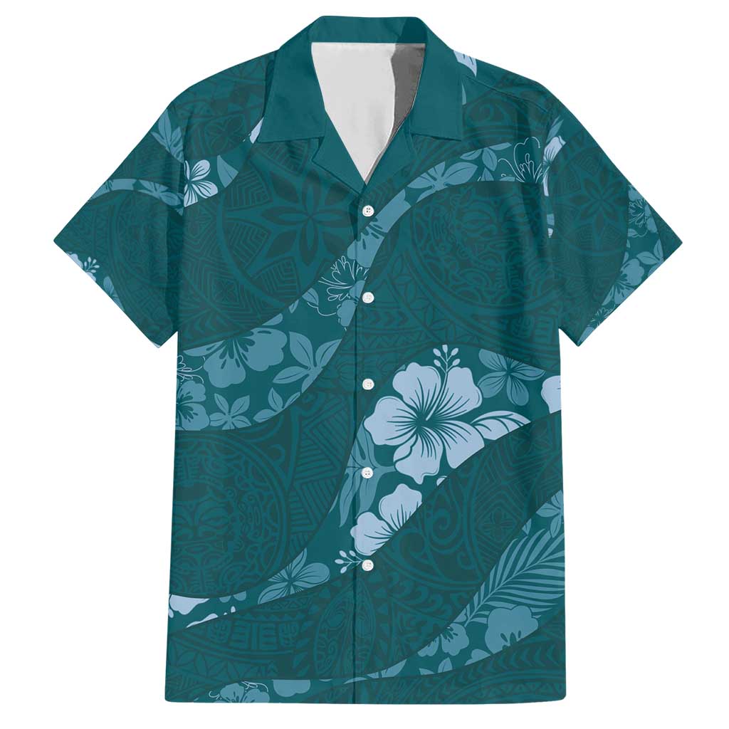 Aloha Hawaii Floral Tapa Family Matching Short Sleeve Bodycon Dress and Hawaiian Shirt Patchwork Teal LT7 Dad's Shirt - Short Sleeve Teal - Polynesian Pride