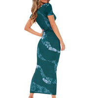 Aloha Hawaii Floral Tapa Family Matching Short Sleeve Bodycon Dress and Hawaiian Shirt Patchwork Teal LT7 - Polynesian Pride