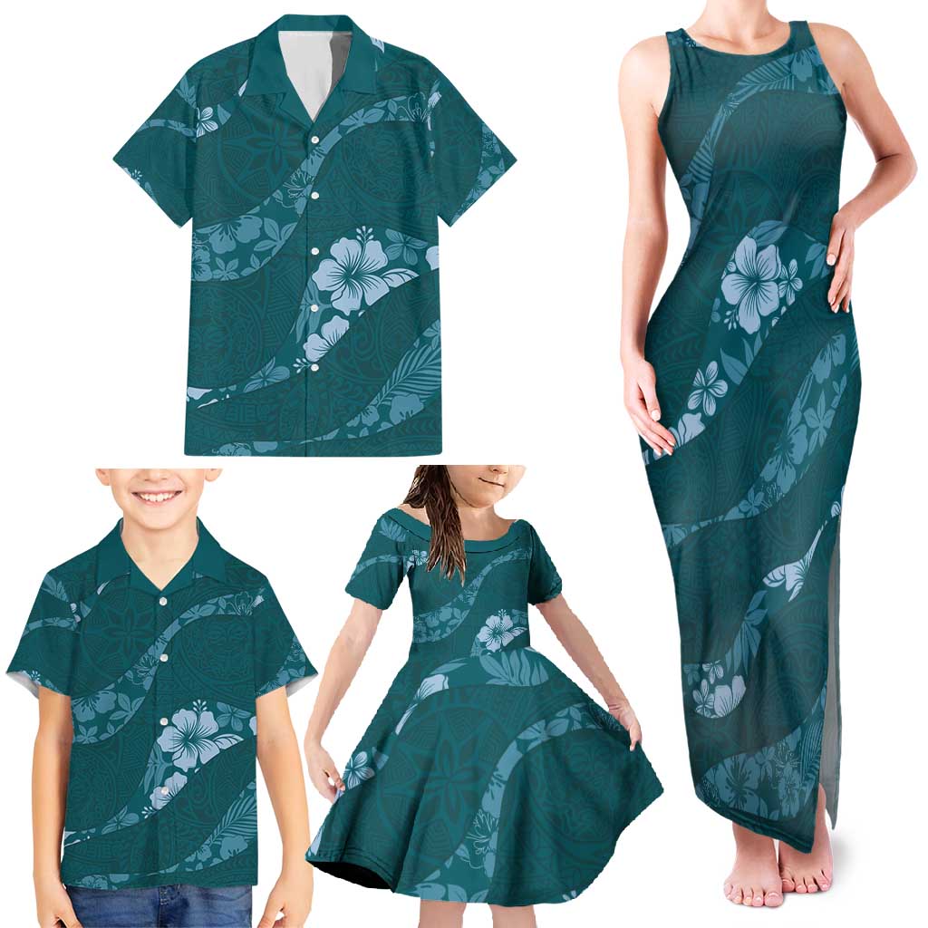Aloha Hawaii Floral Tapa Family Matching Tank Maxi Dress and Hawaiian Shirt Patchwork Teal - Polynesian Pride