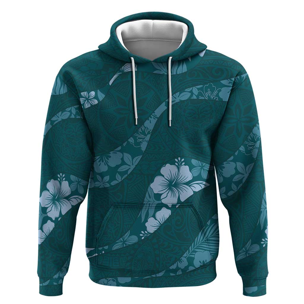 Aloha Hawaii Floral Tapa Hoodie Patchwork Teal - Polynesian Pride