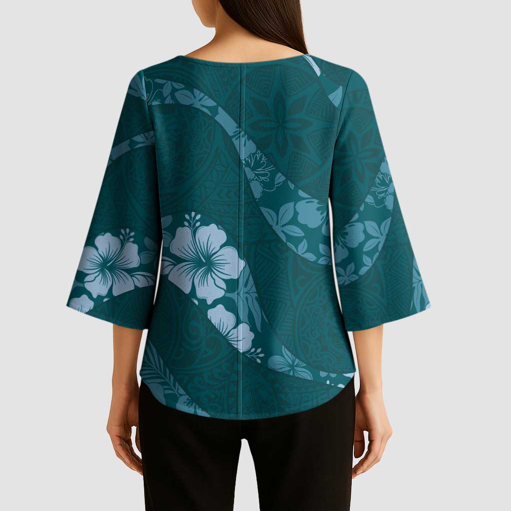 Aloha Hawaii Floral Tapa Kimono Sleeve Blouse Patchwork Teal - Polynesian Pride