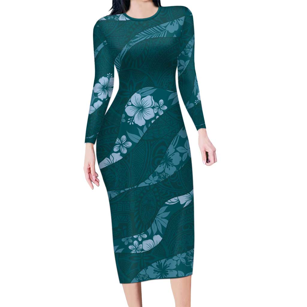 Aloha Hawaii Floral Tapa Long Sleeve Bodycon Dress Patchwork Teal - Polynesian Pride
