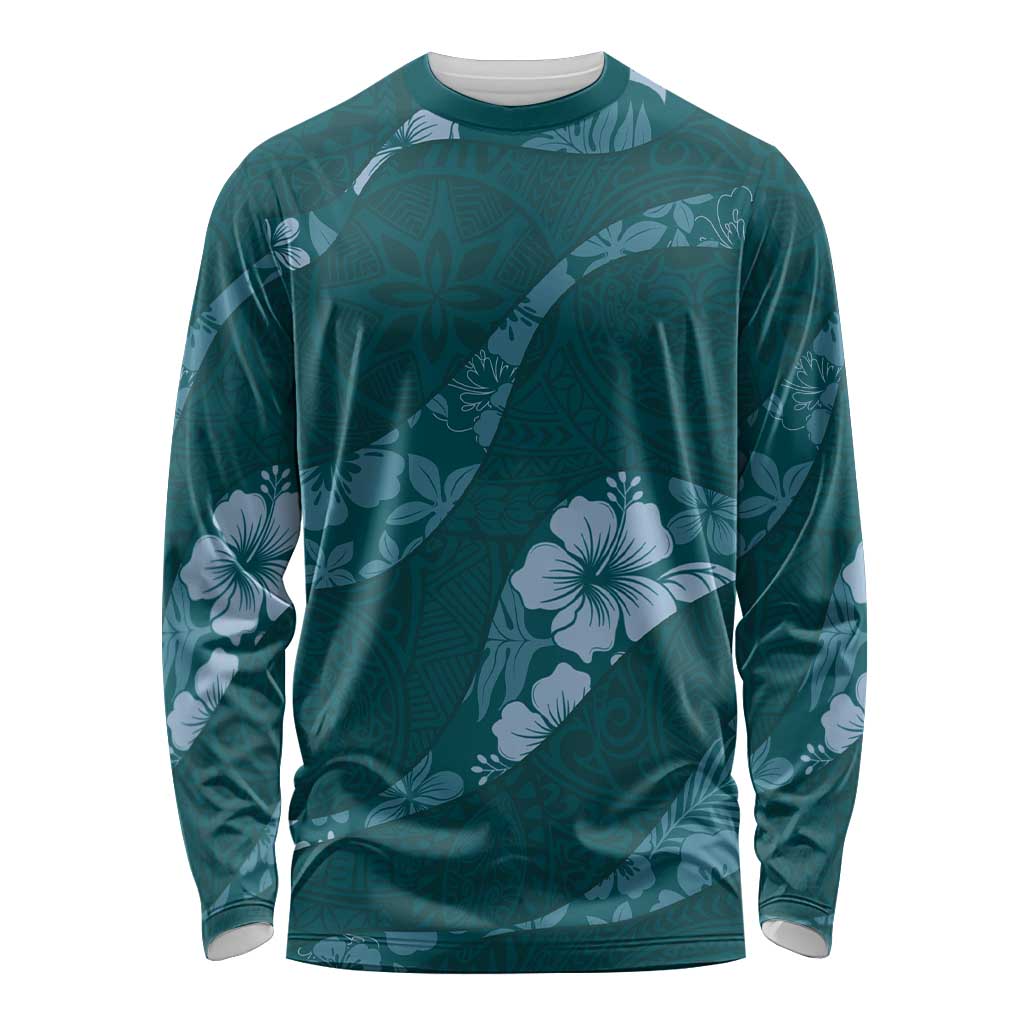 Aloha Hawaii Floral Tapa Long Sleeve Shirt Patchwork Teal LT7 Unisex Teal - Polynesian Pride