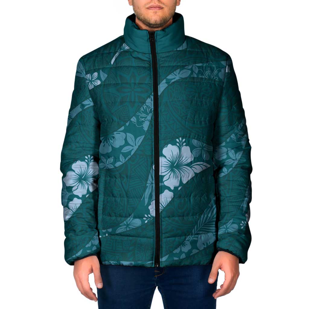 Aloha Hawaii Floral Tapa Padded Jacket Patchwork Teal LT7 Men Teal - Polynesian Pride