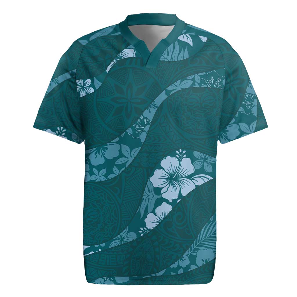 Aloha Hawaii Floral Tapa Rugby Jersey Patchwork Teal LT7 Teal - Polynesian Pride