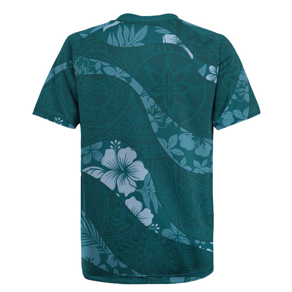 Aloha Hawaii Floral Tapa Rugby Jersey Patchwork Teal LT7 - Polynesian Pride