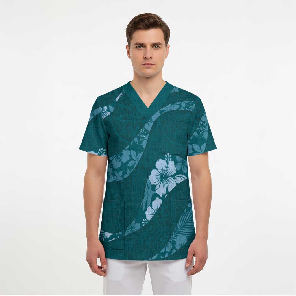 Aloha Hawaii Floral Tapa Scrub Top Patchwork Teal - Polynesian Pride
