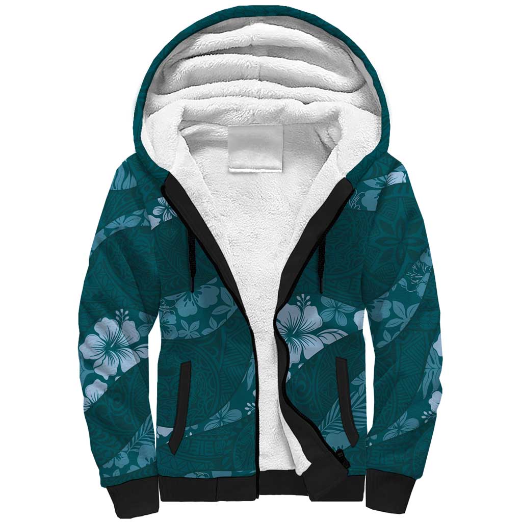 Aloha Hawaii Floral Tapa Sherpa Hoodie Patchwork Teal - Polynesian Pride