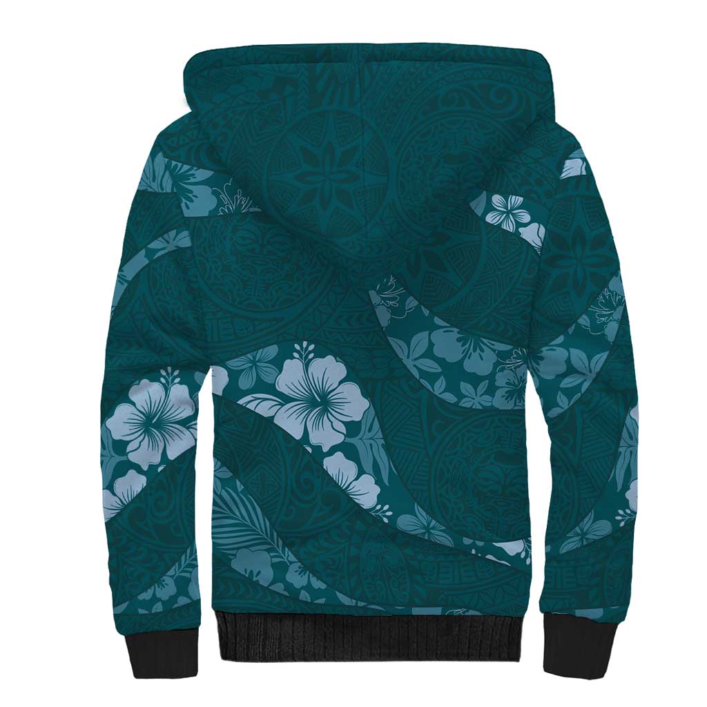 Aloha Hawaii Floral Tapa Sherpa Hoodie Patchwork Teal - Polynesian Pride