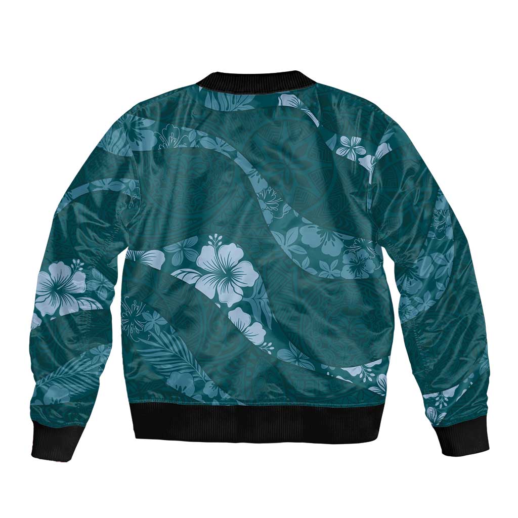 Aloha Hawaii Floral Tapa Sleeve Zip Bomber Jacket Patchwork Teal - Polynesian Pride