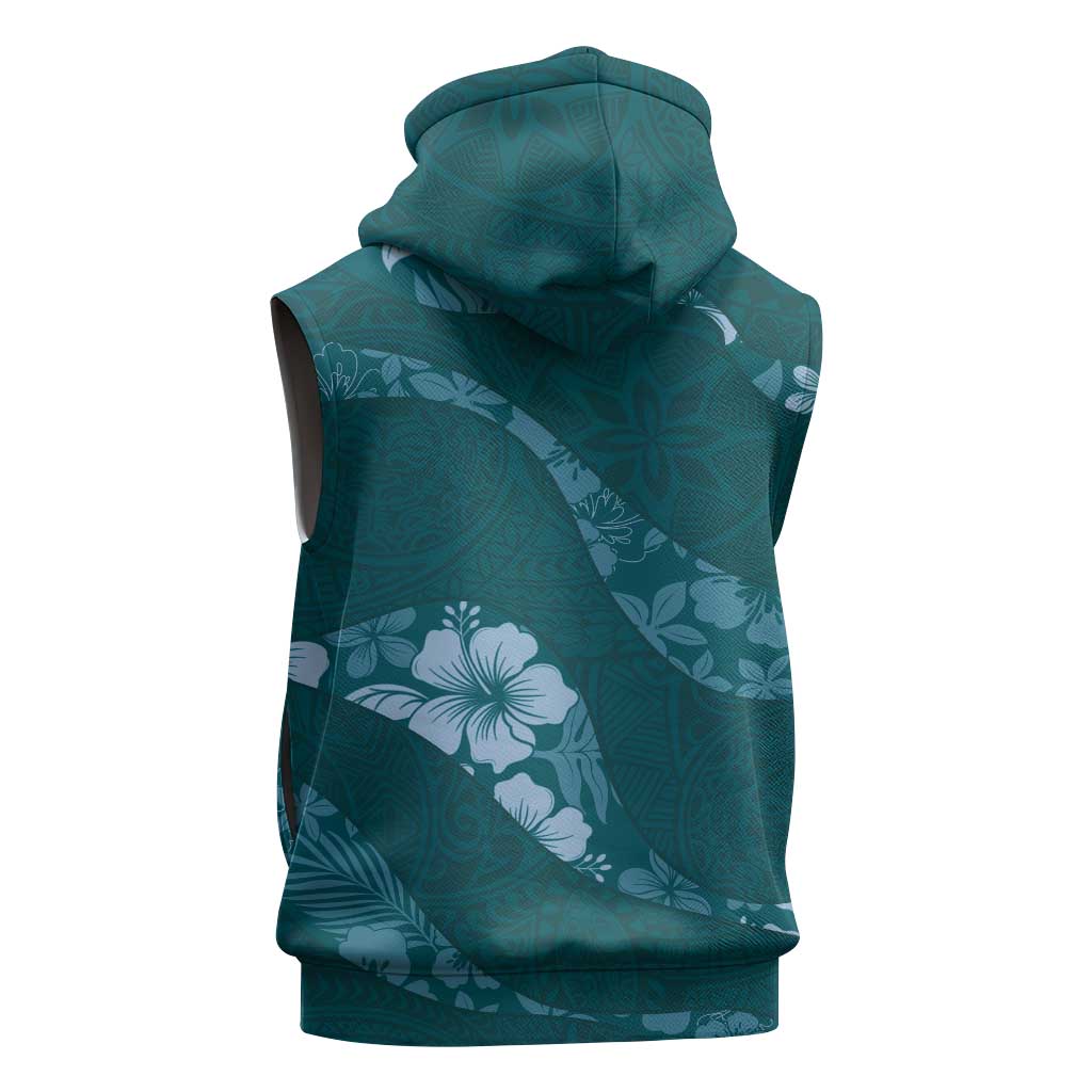 Aloha Hawaii Floral Tapa Sleeveless Hoodie Patchwork Teal LT7 - Polynesian Pride