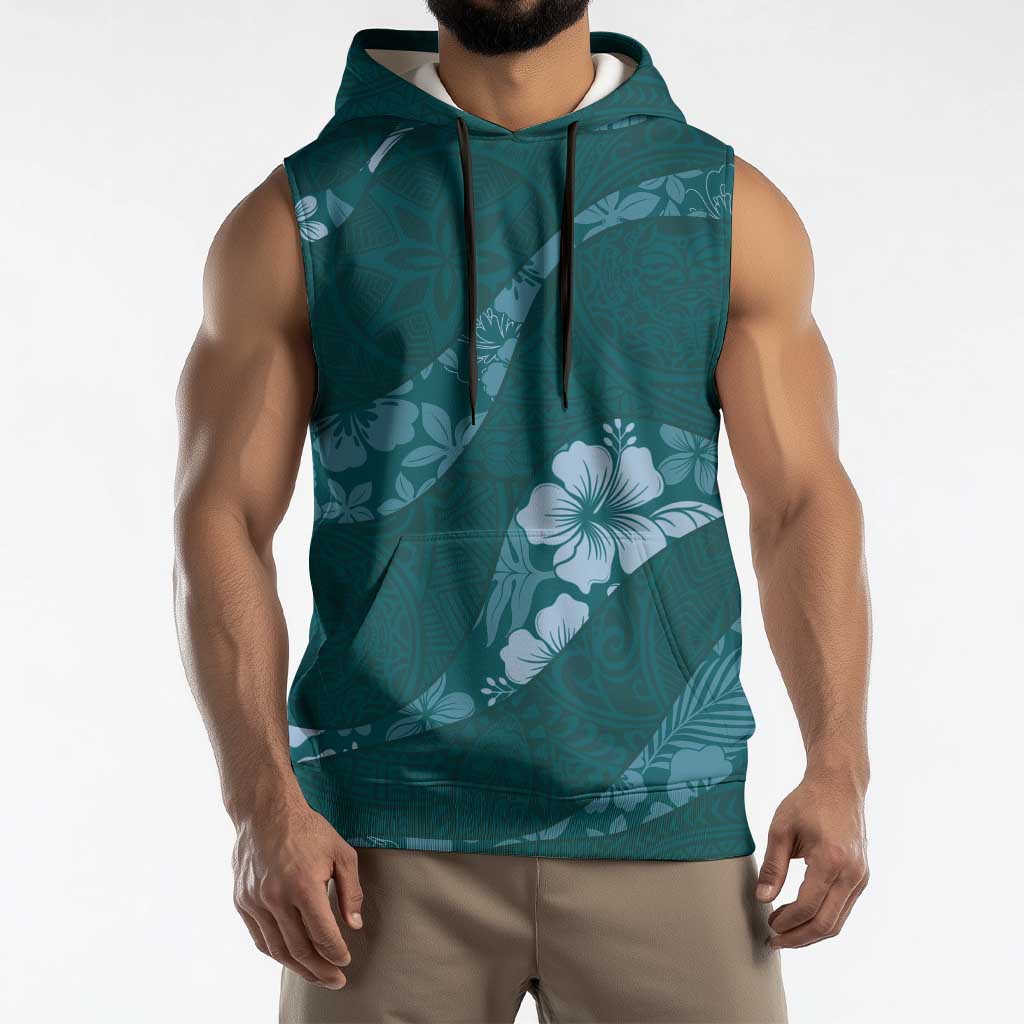 Aloha Hawaii Floral Tapa Sleeveless Hoodie Patchwork Teal LT7 - Polynesian Pride