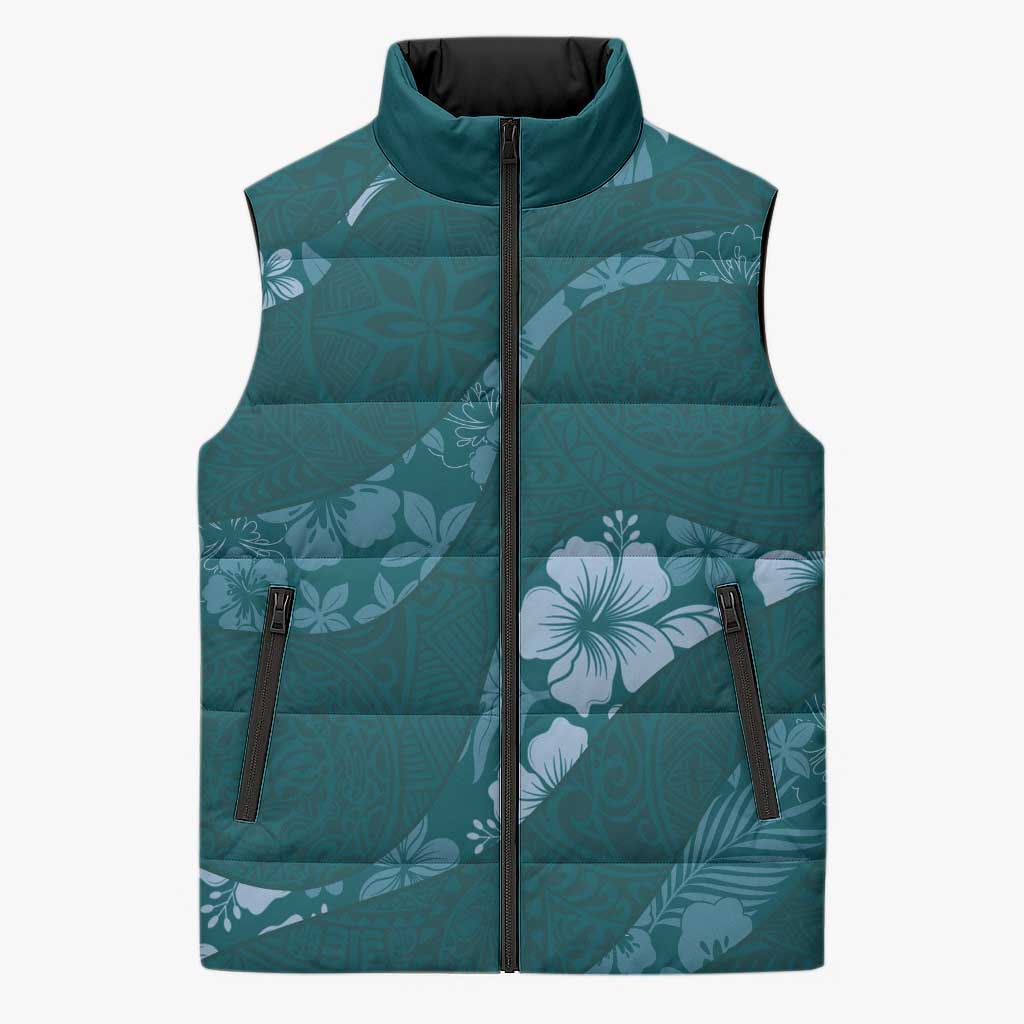 Aloha Hawaii Floral Tapa Sleeveless Puffer Jacket Patchwork Teal LT7 Unisex Teal - Polynesian Pride