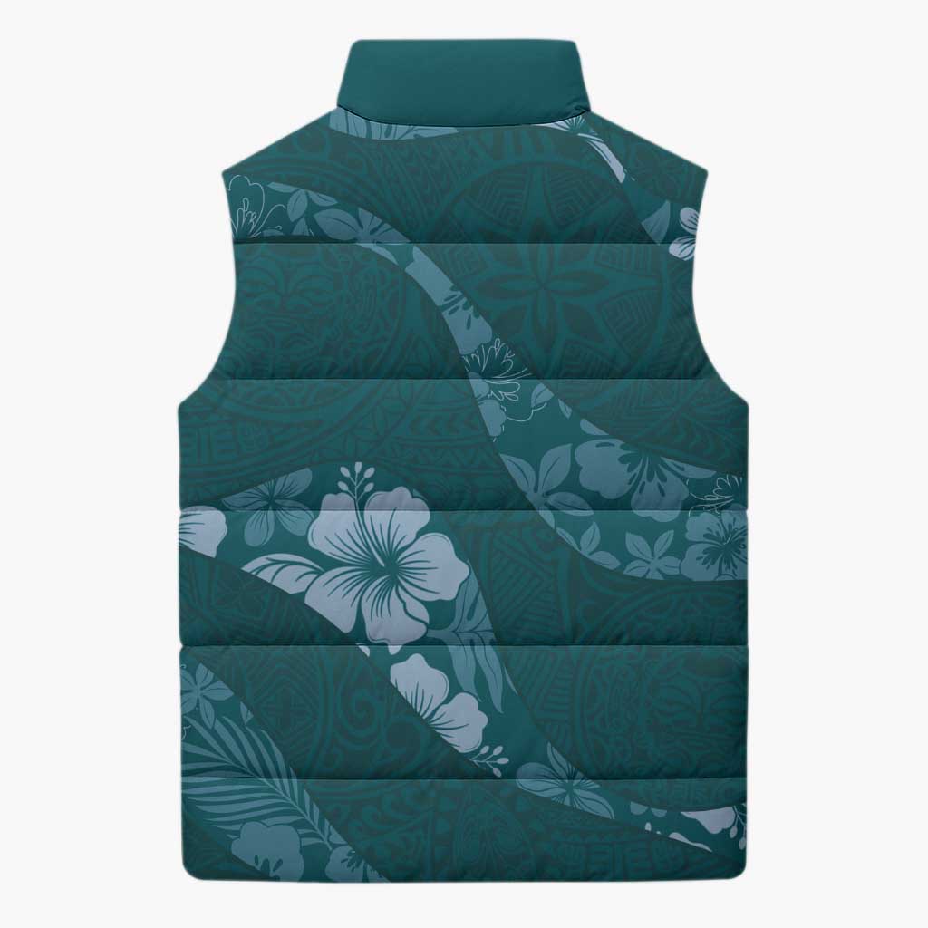 Aloha Hawaii Floral Tapa Sleeveless Puffer Jacket Patchwork Teal LT7 - Polynesian Pride
