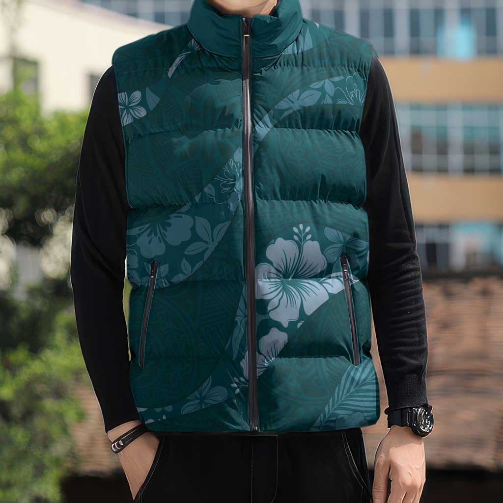 Aloha Hawaii Floral Tapa Sleeveless Puffer Jacket Patchwork Teal LT7 - Polynesian Pride