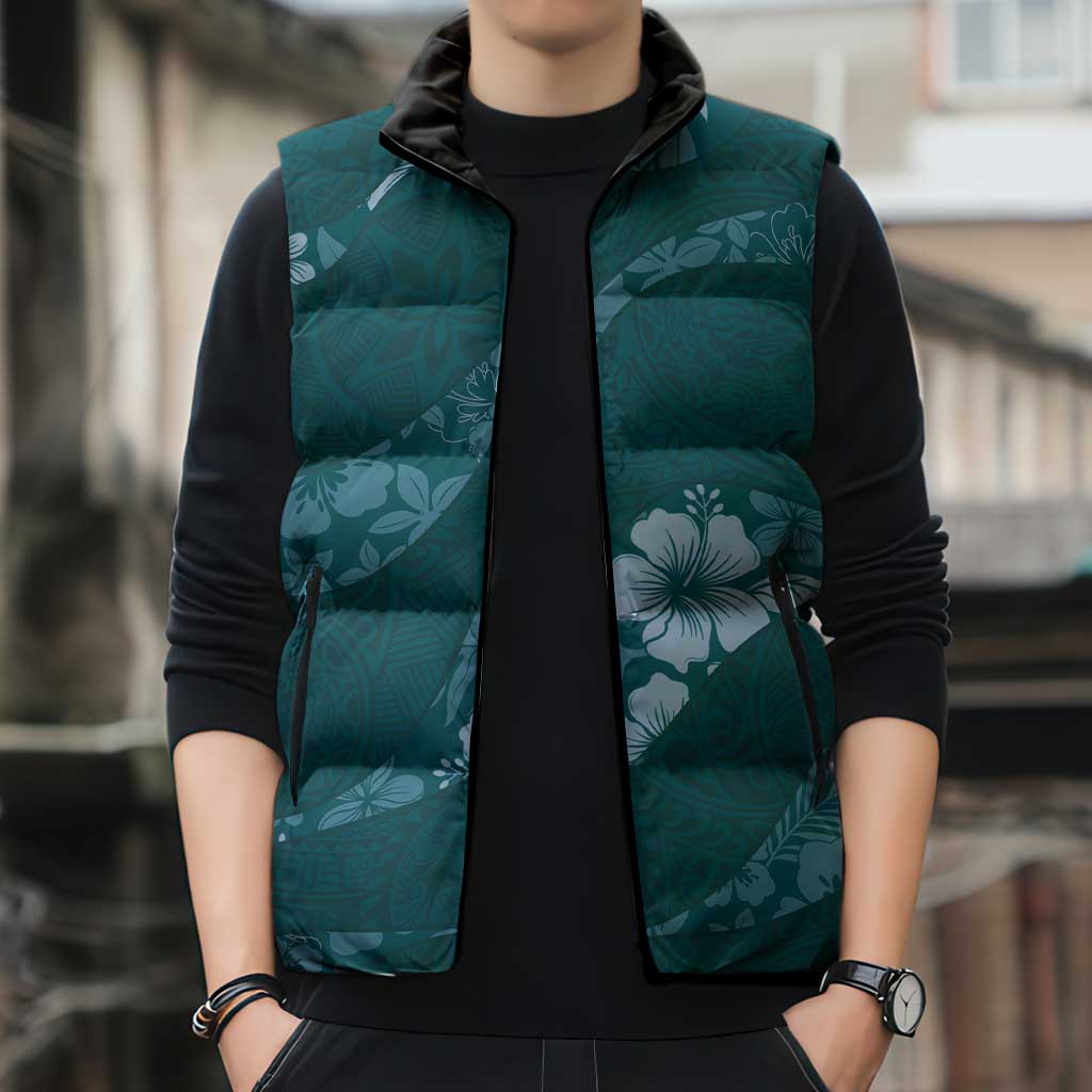 Aloha Hawaii Floral Tapa Sleeveless Puffer Jacket Patchwork Teal LT7 - Polynesian Pride