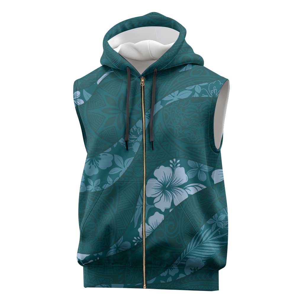Aloha Hawaii Floral Tapa Sleeveless Zip Hoodie Patchwork Teal - Polynesian Pride