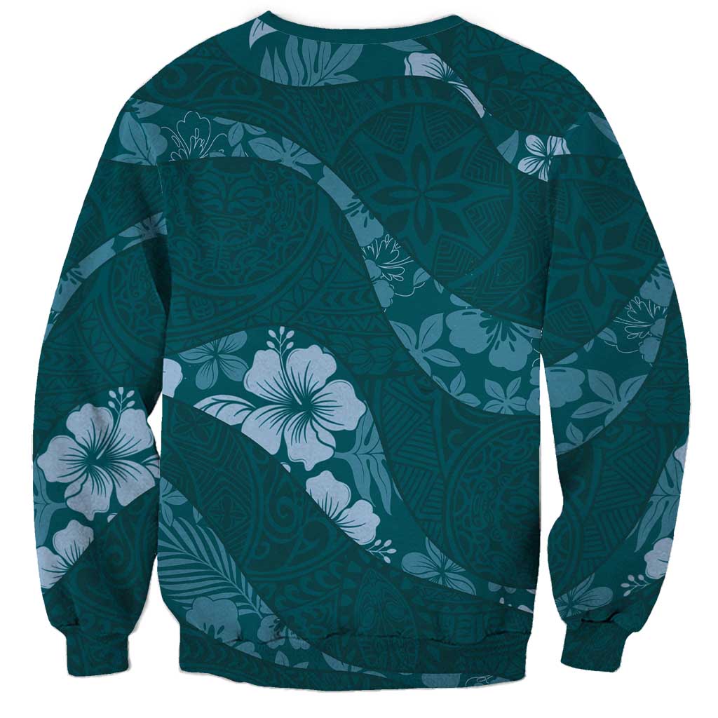 Aloha Hawaii Floral Tapa Sweatshirt Patchwork Teal LT7 - Polynesian Pride