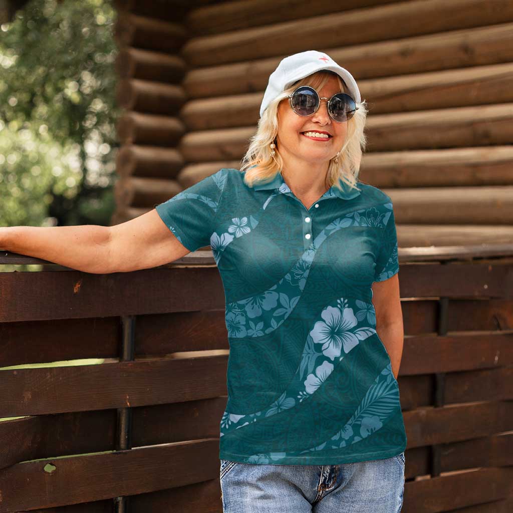 Aloha Hawaii Floral Tapa Women Polo Shirt Patchwork Teal - Polynesian Pride