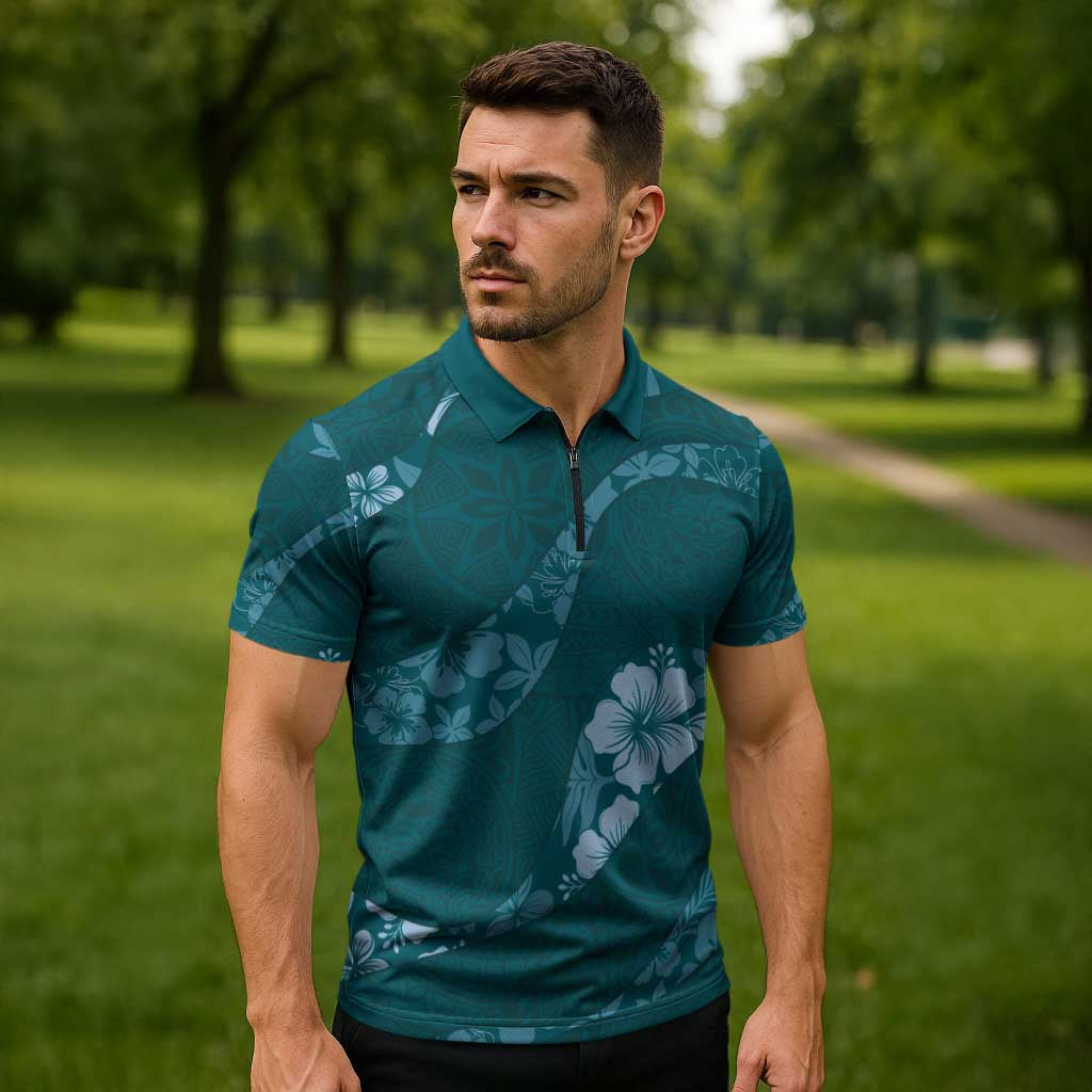 Aloha Hawaii Floral Tapa Zipper Polo Shirt Patchwork Teal - Polynesian Pride