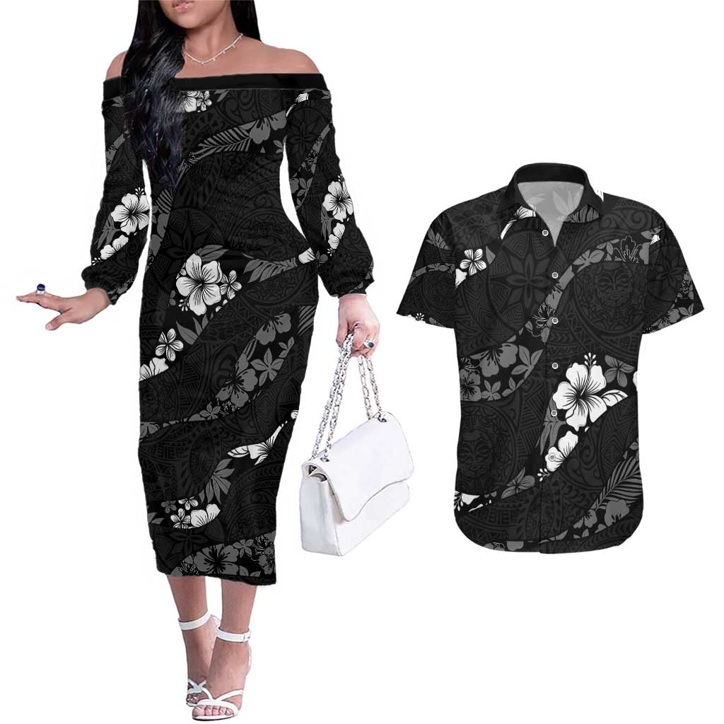 Aloha Hawaii Floral Tapa Couples Matching Off The Shoulder Long Sleeve Dress and Hawaiian Shirt Patchwork Charcoal - Polynesian Pride