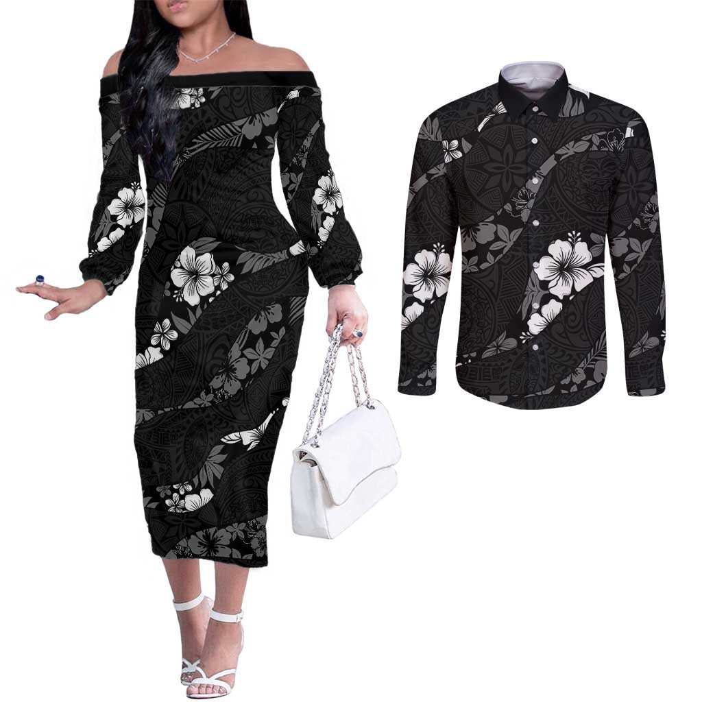 Aloha Hawaii Floral Tapa Couples Matching Off The Shoulder Long Sleeve Dress and Long Sleeve Button Shirt Patchwork Charcoal - Polynesian Pride