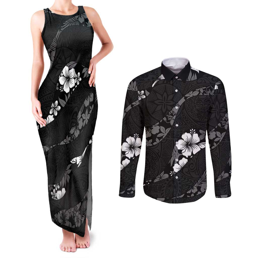 Aloha Hawaii Floral Tapa Couples Matching Tank Maxi Dress and Long Sleeve Button Shirt Patchwork Charcoal - Polynesian Pride
