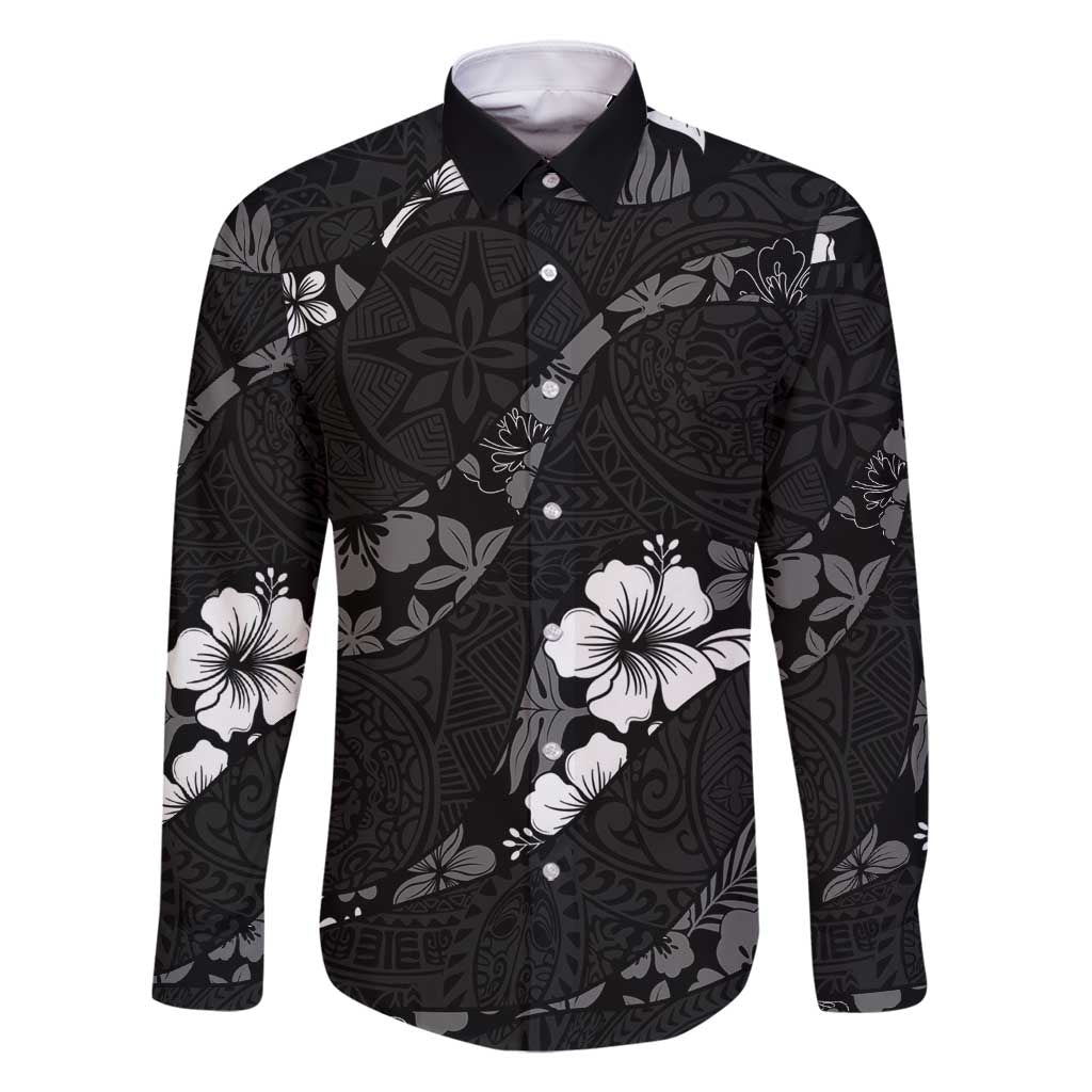 Aloha Hawaii Floral Tapa Family Matching Long Sleeve Bodycon Dress and Hawaiian Shirt Patchwork Charcoal LT7 Dad's Shirt - Long Sleeve Charcoal - Polynesian Pride