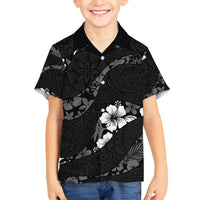 Aloha Hawaii Floral Tapa Family Matching Long Sleeve Bodycon Dress and Hawaiian Shirt Patchwork Charcoal LT7 Son's Shirt Charcoal - Polynesian Pride