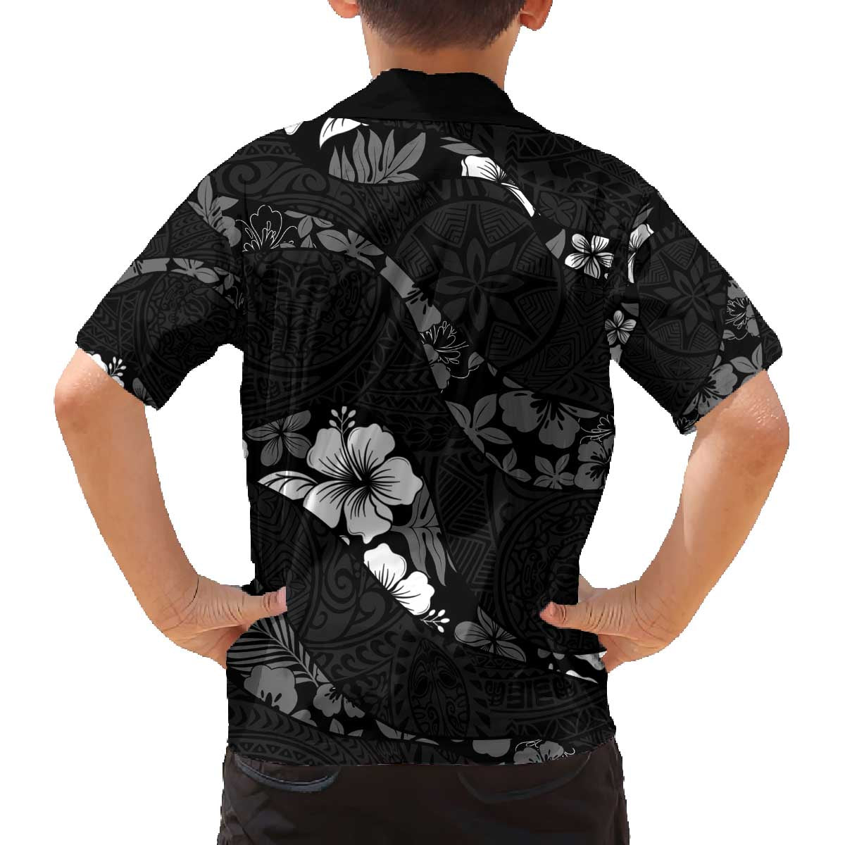 Aloha Hawaii Floral Tapa Family Matching Off The Shoulder Long Sleeve Dress and Hawaiian Shirt Patchwork Charcoal - Polynesian Pride