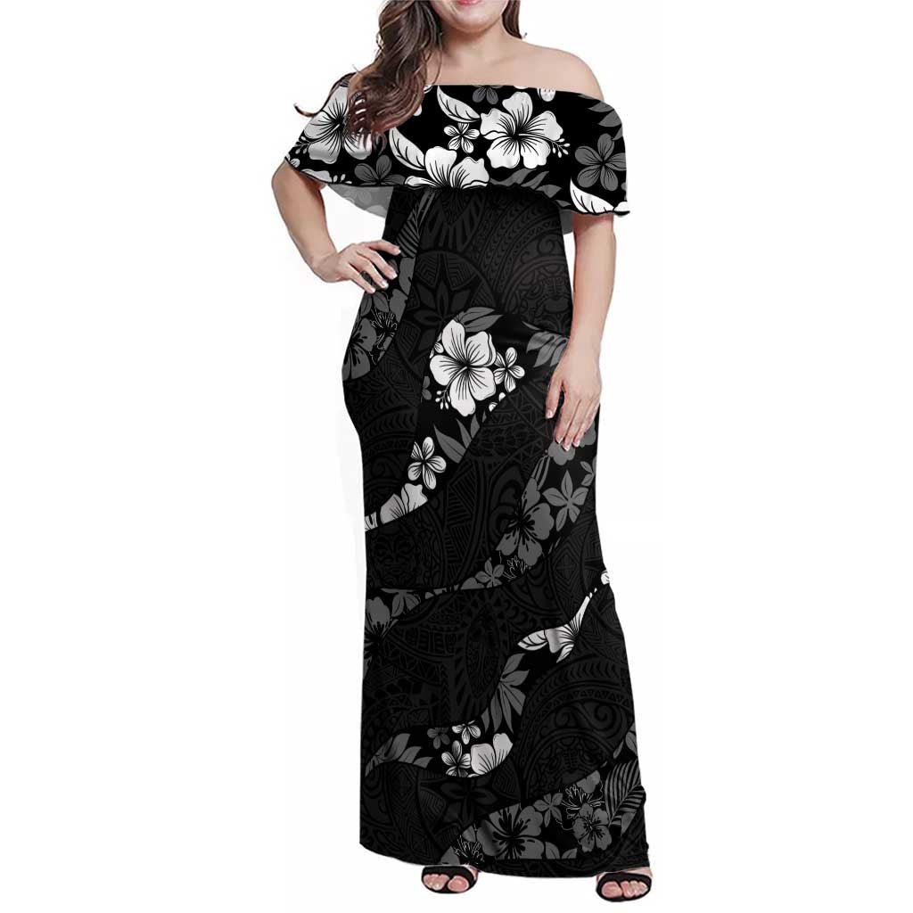 Aloha Hawaii Floral Tapa Family Matching Off Shoulder Maxi Dress and Hawaiian Shirt Patchwork Charcoal - Polynesian Pride