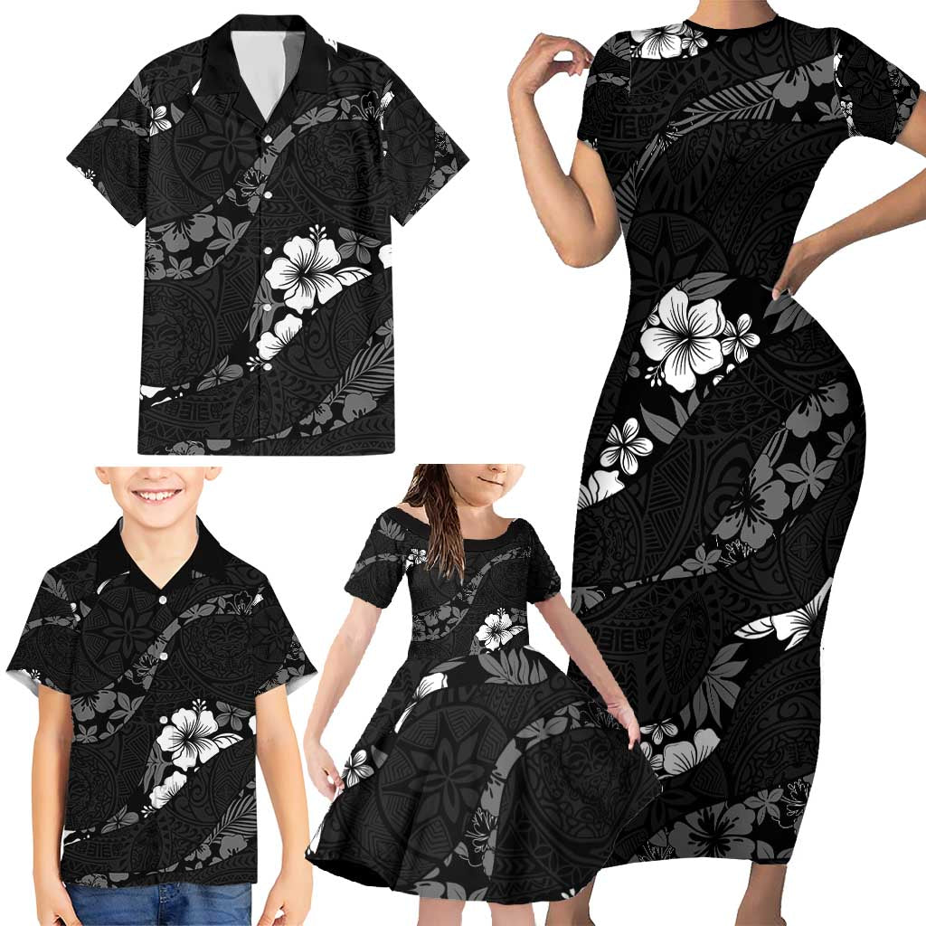 Aloha Hawaii Floral Tapa Family Matching Short Sleeve Bodycon Dress and Hawaiian Shirt Patchwork Charcoal LT7 - Polynesian Pride