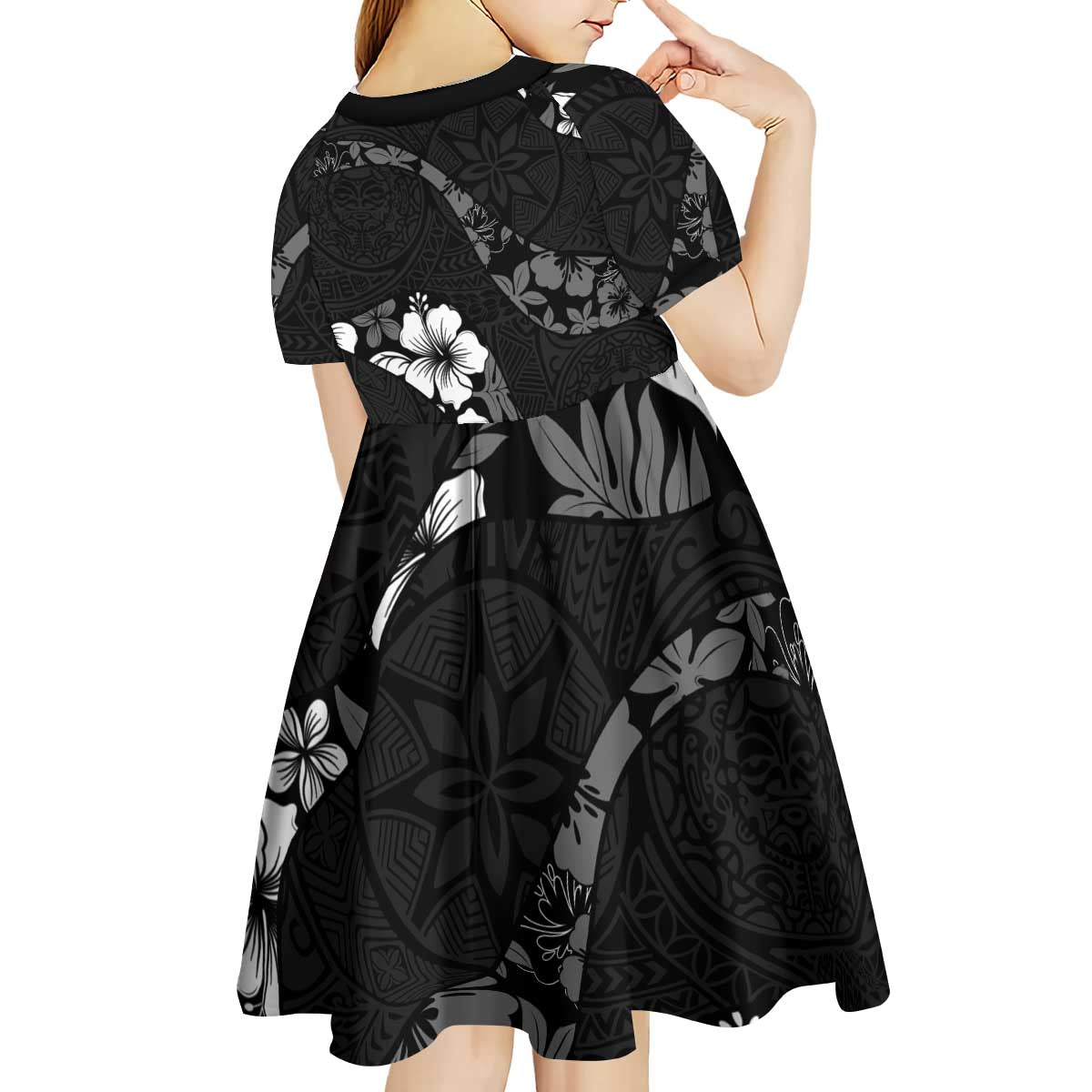 Aloha Hawaii Floral Tapa Kid Short Sleeve Dress Patchwork Charcoal - Polynesian Pride