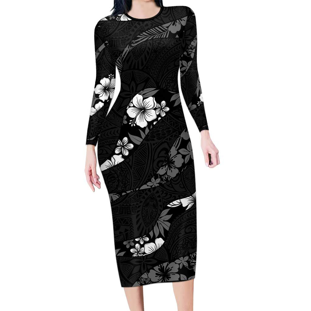 Aloha Hawaii Floral Tapa Long Sleeve Bodycon Dress Patchwork Charcoal - Polynesian Pride