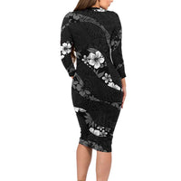 Aloha Hawaii Floral Tapa Long Sleeve Bodycon Dress Patchwork Charcoal - Polynesian Pride