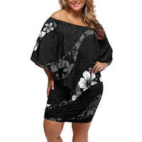 Aloha Hawaii Floral Tapa Off Shoulder Short Dress Patchwork Charcoal - Polynesian Pride