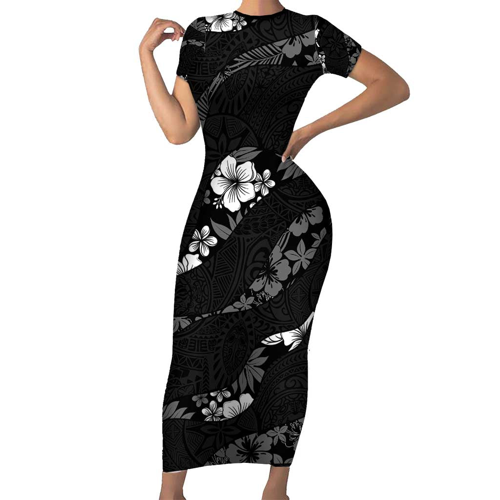 Aloha Hawaii Floral Tapa Short Sleeve Bodycon Dress Patchwork Charcoal - Polynesian Pride