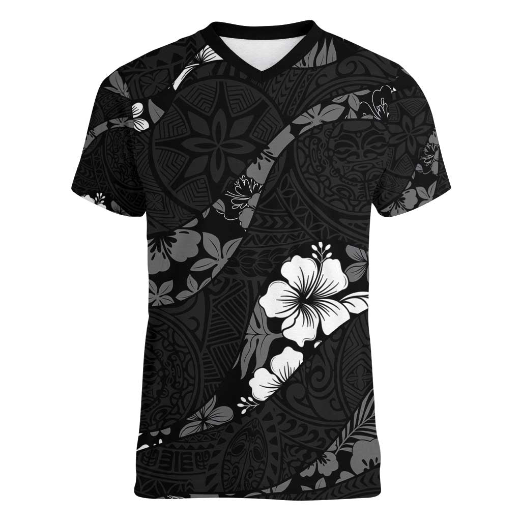 Aloha Hawaii Floral Tapa Women V-Neck T-Shirt Patchwork Charcoal - Polynesian Pride