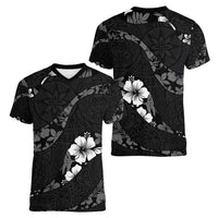 Aloha Hawaii Floral Tapa Women V-Neck T-Shirt Patchwork Charcoal - Polynesian Pride