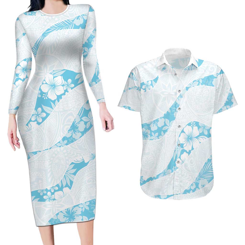 Aloha Hawaii Floral Tapa Couples Matching Long Sleeve Bodycon Dress and Hawaiian Shirt Patchwork Turquoise - Polynesian Pride