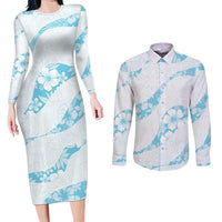 Aloha Hawaii Floral Tapa Couples Matching Long Sleeve Bodycon Dress and Long Sleeve Button Shirt Patchwork Turquoise LT7 Turquoise - Polynesian Pride