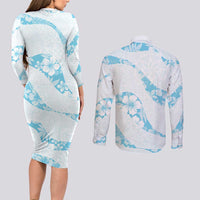 Aloha Hawaii Floral Tapa Couples Matching Long Sleeve Bodycon Dress and Long Sleeve Button Shirt Patchwork Turquoise LT7 - Polynesian Pride