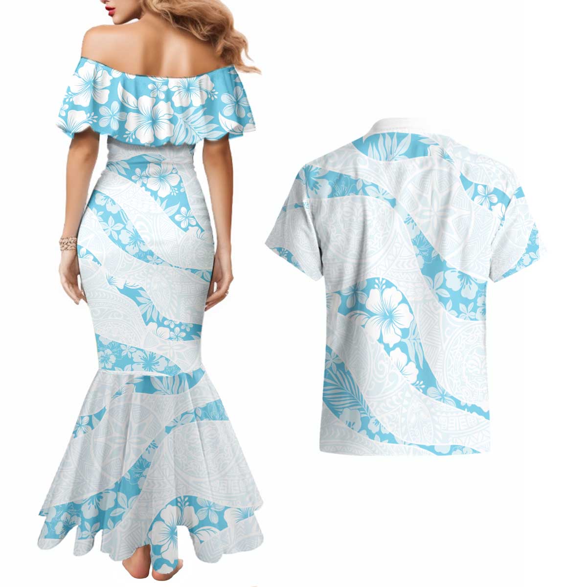 Aloha Hawaii Floral Tapa Couples Matching Mermaid Dress and Hawaiian Shirt Patchwork Turquoise - Polynesian Pride