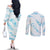 Aloha Hawaii Floral Tapa Couples Matching Off The Shoulder Long Sleeve Dress and Long Sleeve Button Shirt Patchwork Turquoise - Polynesian Pride